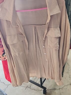 Classic Light Beige Women's Button-Down Shirt with Flap Pockets